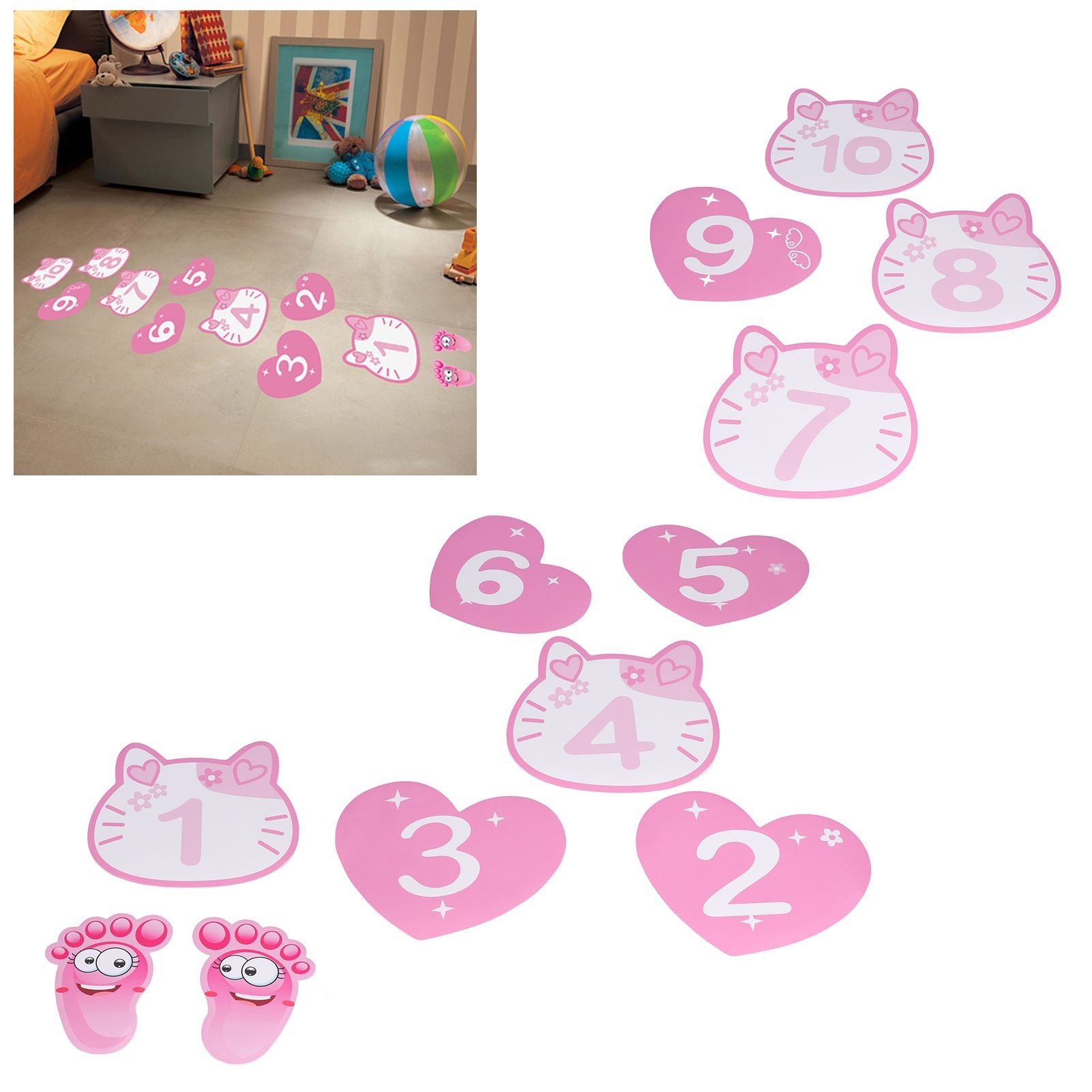 Removable 10 Number Hopscotch Stickers Children Room Floor Decoration Pink Cartoon Number Hopscotch Footprints Stickers