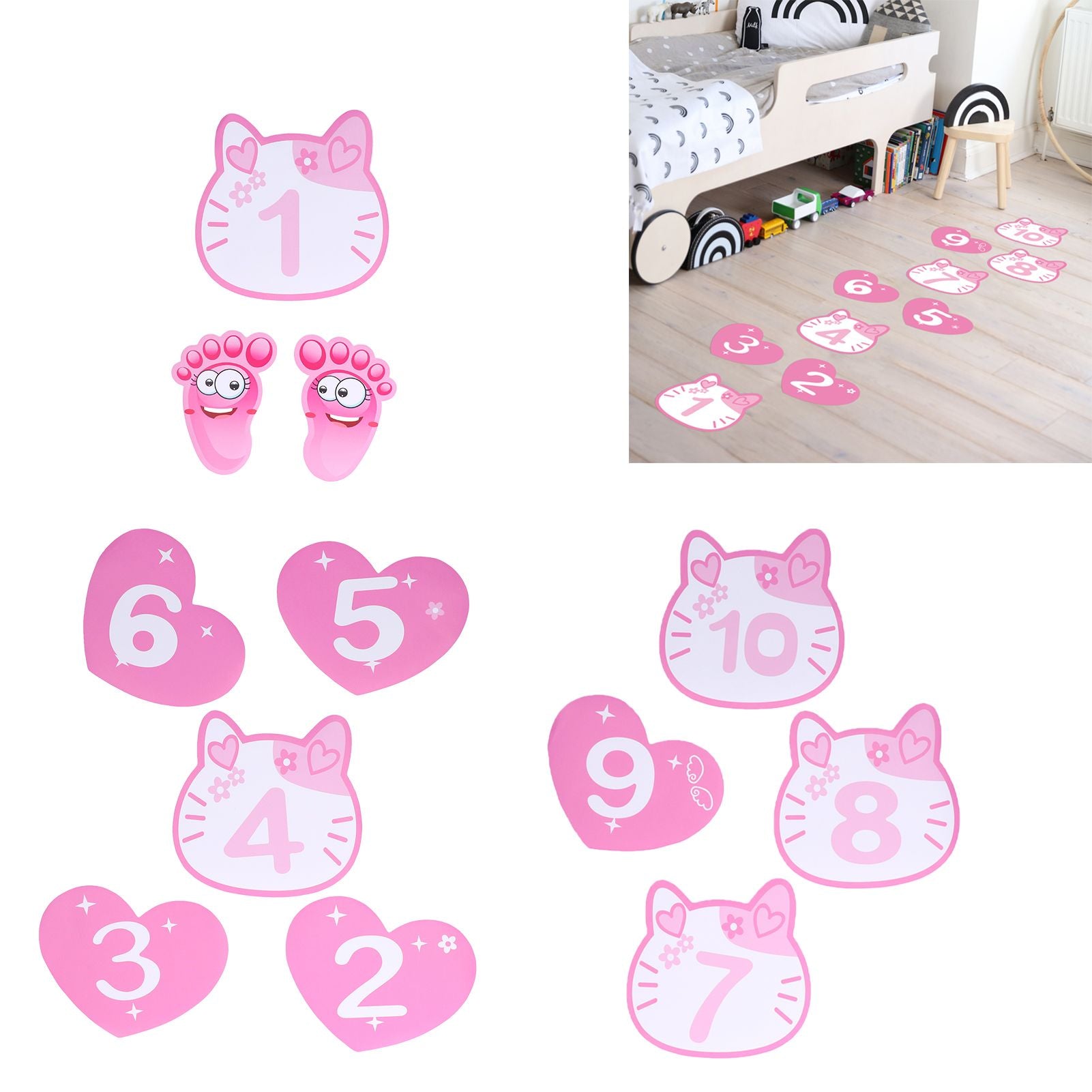 Removable 10 Number Hopscotch Stickers Children Room Floor Decoration Pink Cartoon Number Hopscotch Footprints Stickers