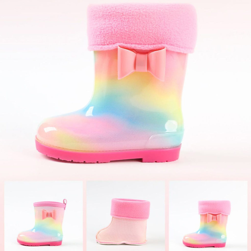1 Pair Kids Rain Boots Four Seasons Universal Children's Rainbow Bow Non Slip Waterproof Breathable Rain Boots Pink 150mm (Inner Length 145mm)