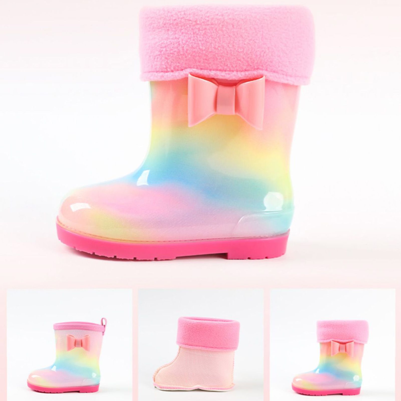 1 Pair Kids Rain Boots Four Seasons Universal Children's Rainbow Bow Non Slip Waterproof Breathable Rain Boots Pink 150mm (Inner Length 145mm)