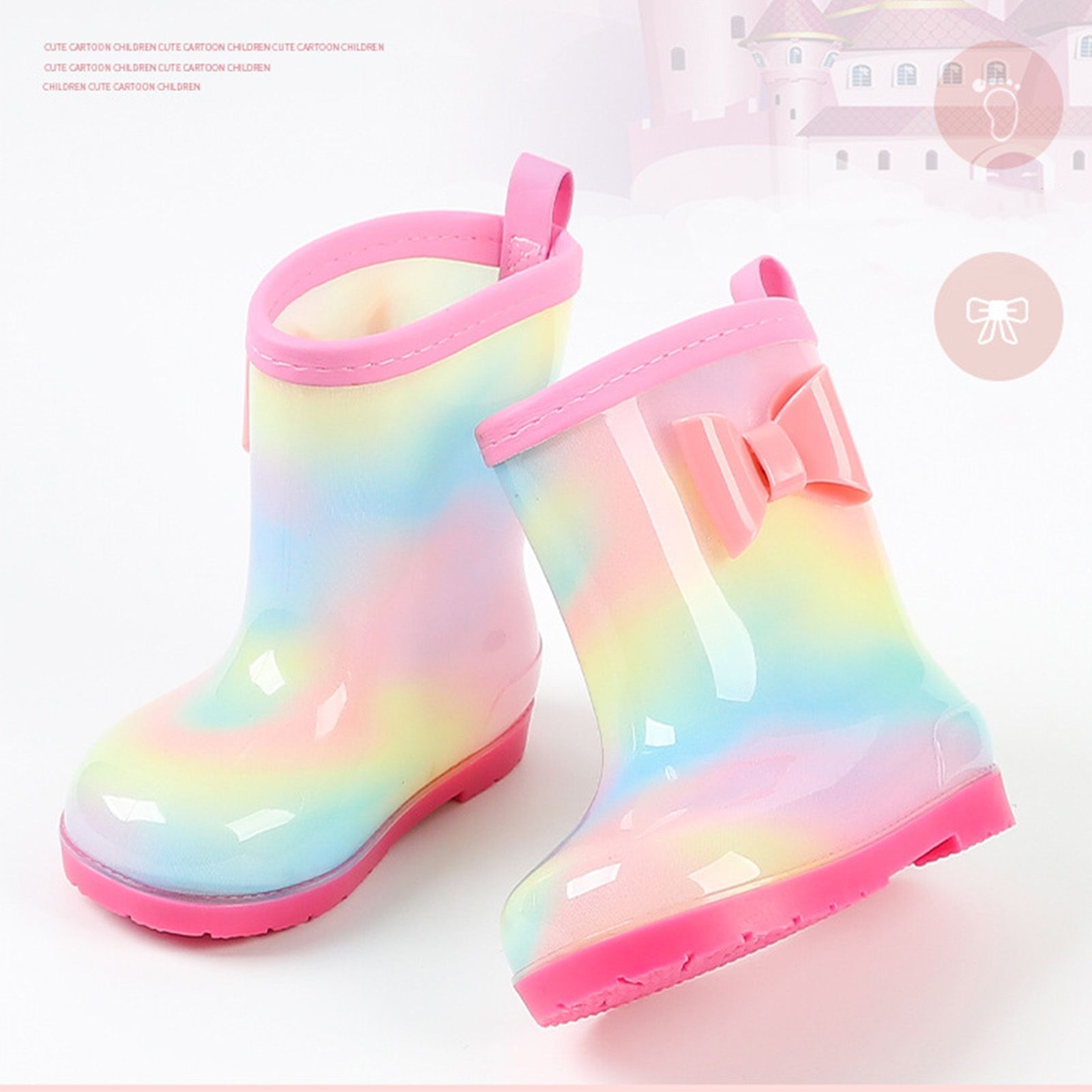 1 Pair Kids Rain Boots Four Seasons Universal Children's Rainbow Bow Non Slip Waterproof Breathable Rain Boots Pink 150mm (Inner Length 145mm)