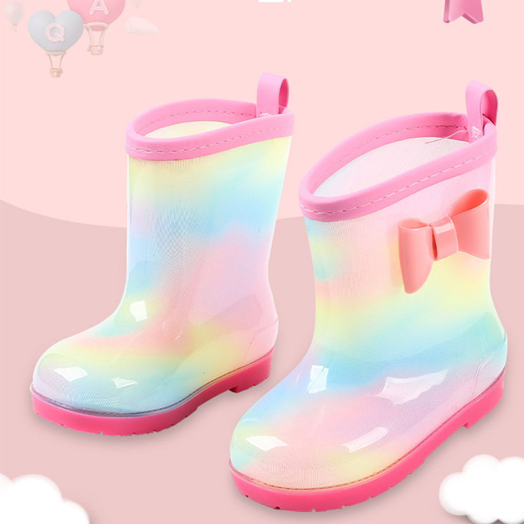1 Pair Kids Rain Boots Four Seasons Universal Children's Rainbow Bow Non Slip Waterproof Breathable Rain Boots Pink 150mm (Inner Length 145mm)