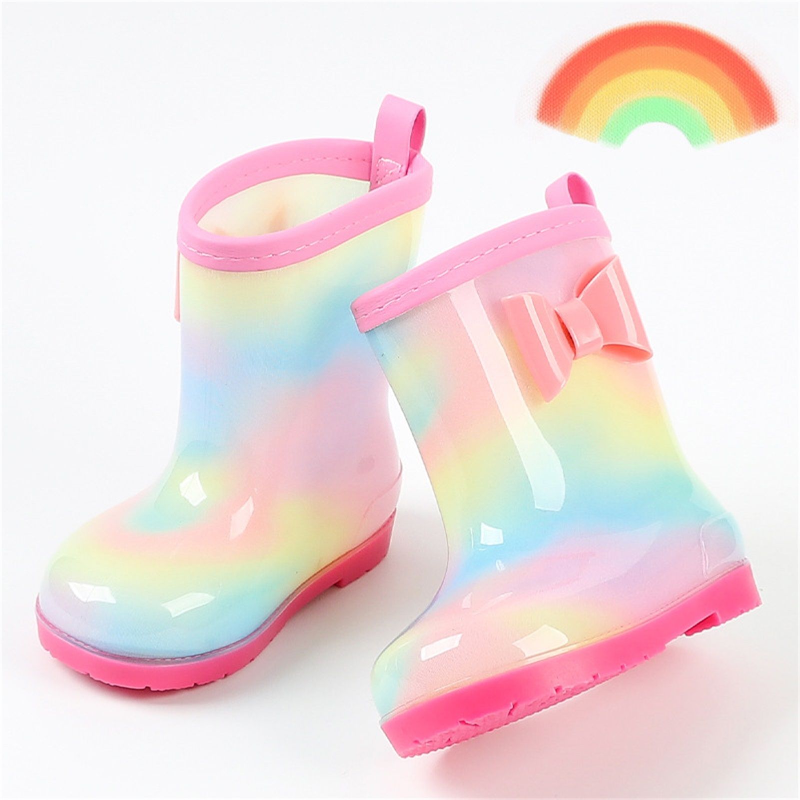 1 Pair Kids Rain Boots Four Seasons Universal Children's Rainbow Bow Non Slip Waterproof Breathable Rain Boots Pink 150mm (Inner Length 145mm)