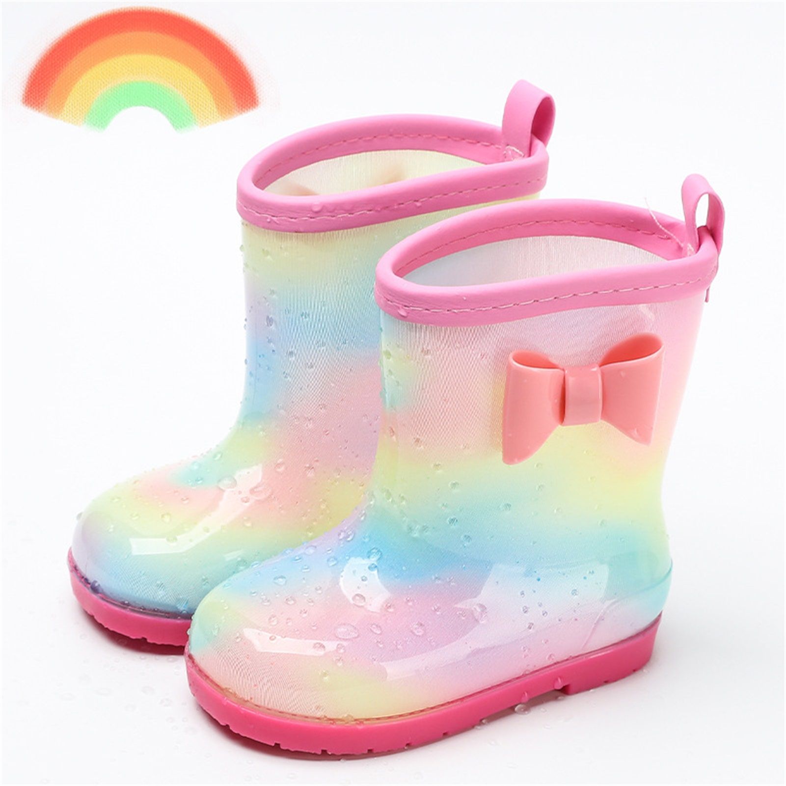 1 Pair Kids Rain Boots Four Seasons Universal Children's Rainbow Bow Non Slip Waterproof Breathable Rain Boots Pink 150mm (Inner Length 145mm)