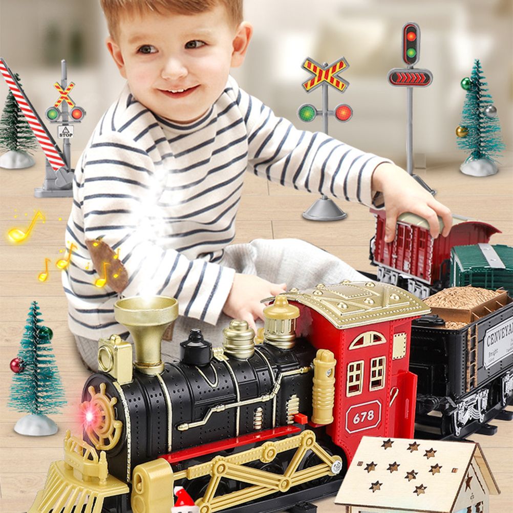 Christmas Train Set Electric Steam Locomotive Train with Lights Music Battery Operated Tracks Playset Christmas Gift for Kids Boys Girls