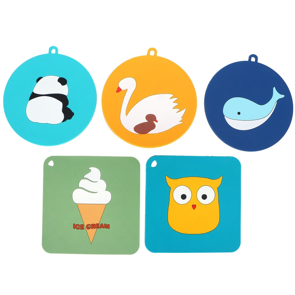 5PCS Silicone Placemat Cute Cartoon Animals Coaster Heat Resistant Table Mats for Home Kitchen