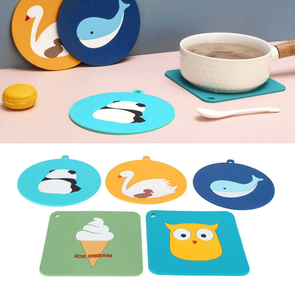 5PCS Silicone Placemat Cute Cartoon Animals Coaster Heat Resistant Table Mats for Home Kitchen
