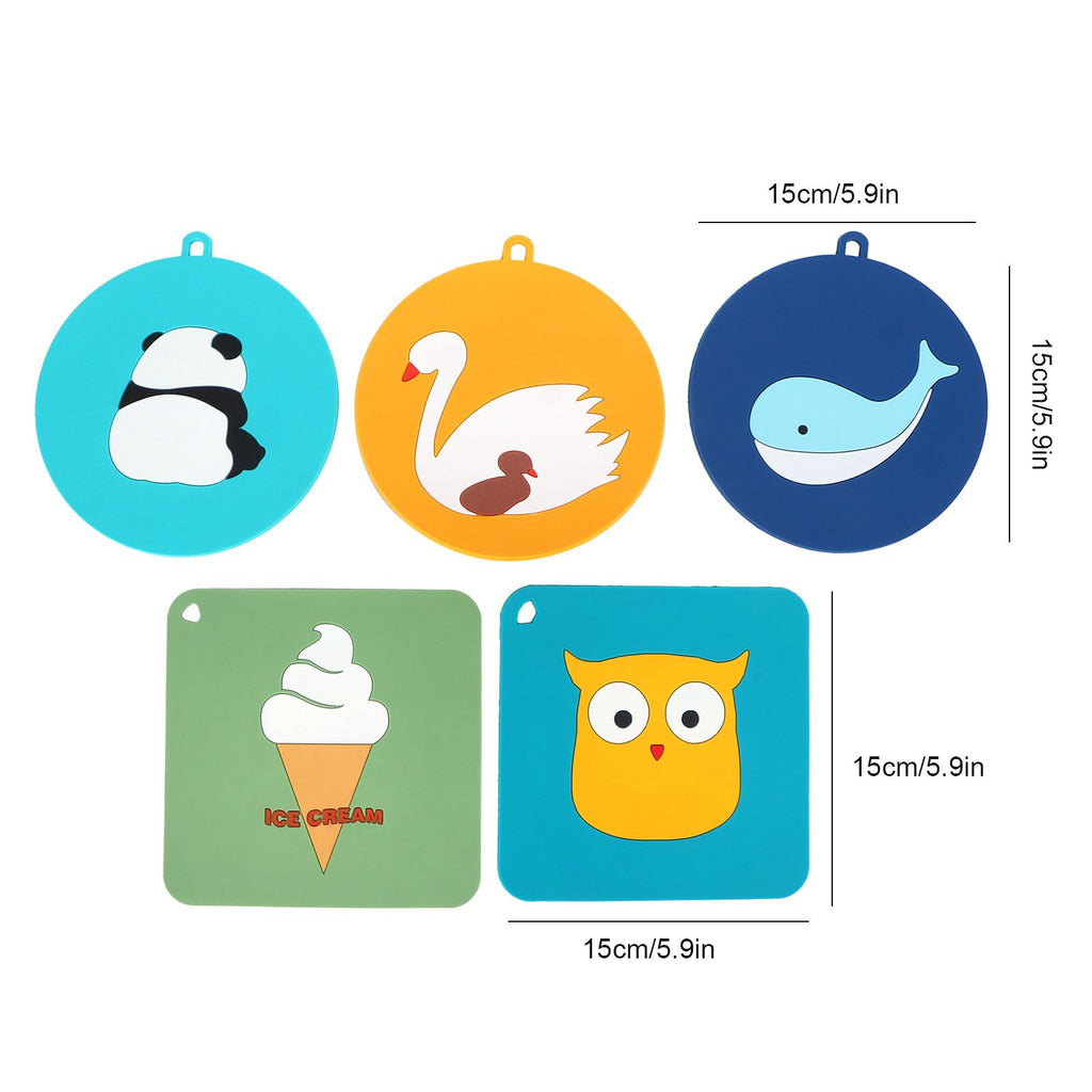 5PCS Silicone Placemat Cute Cartoon Animals Coaster Heat Resistant Table Mats for Home Kitchen