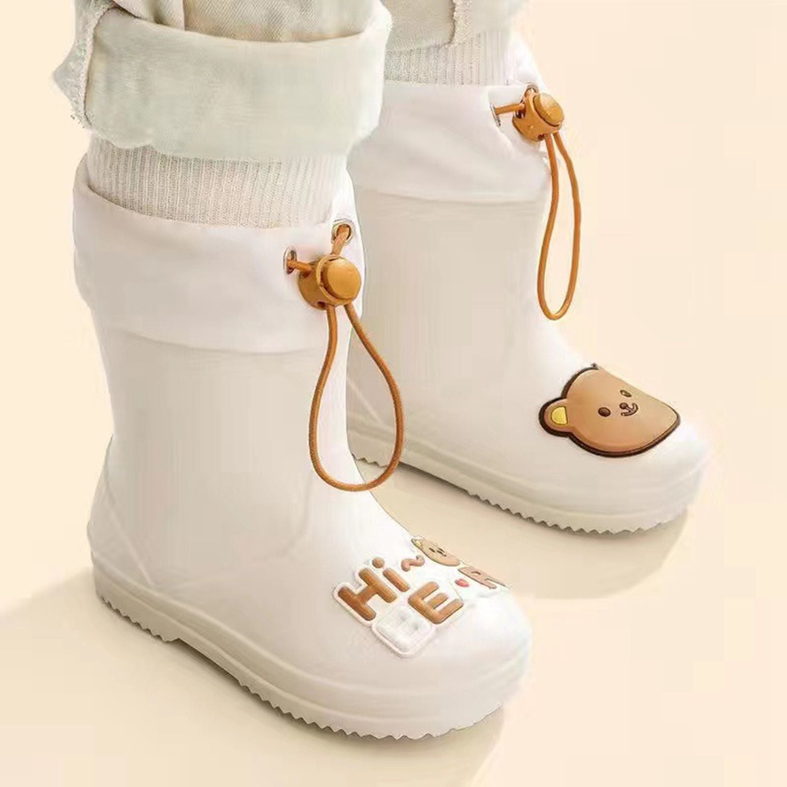 Children Rain Boot Anti Slip Waterproof Rain Boots Beam Port Cartoon Student Water Shoes for Boys Girls With Drawstring Rice White Bear 16