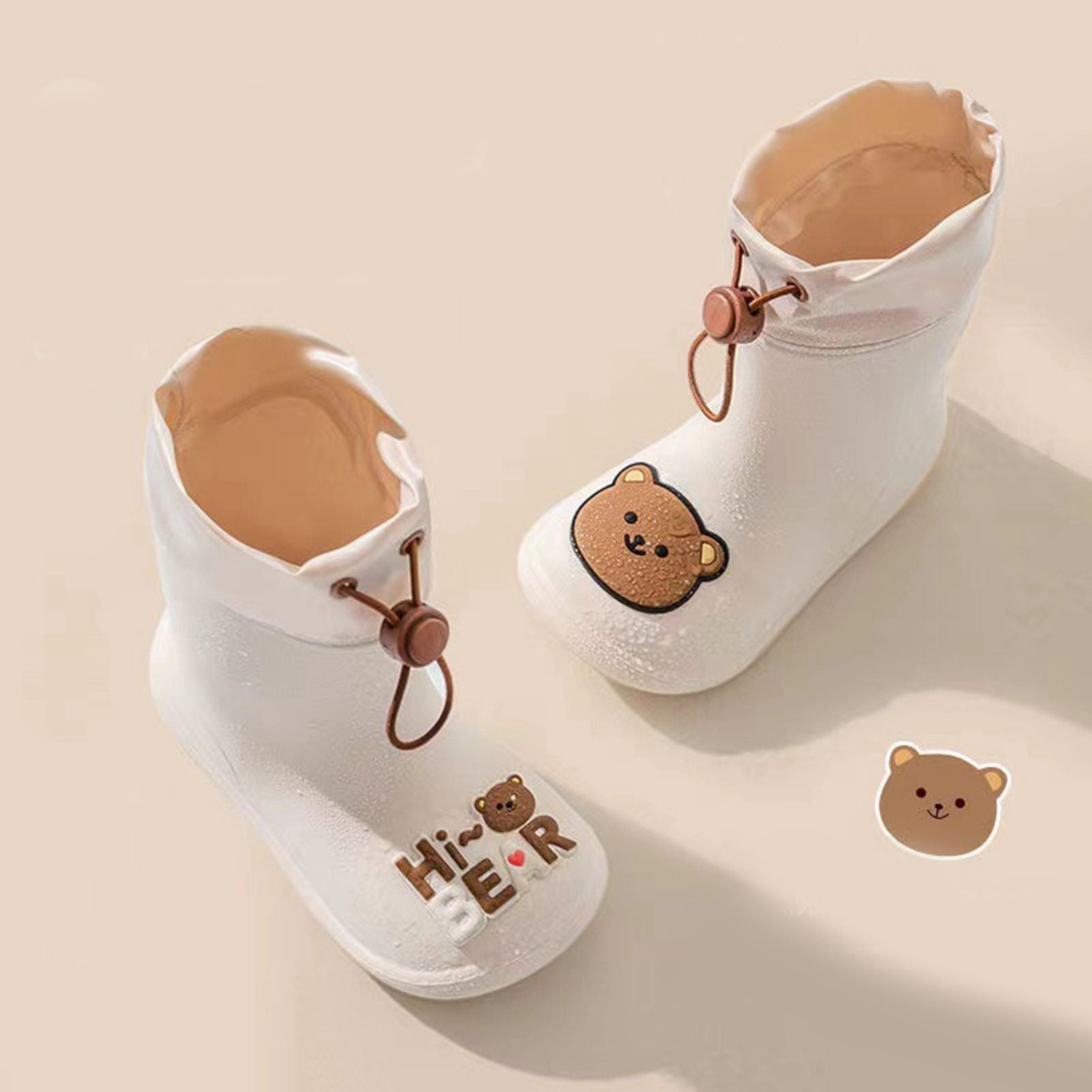 Children Rain Boot Anti Slip Waterproof Rain Boots Beam Port Cartoon Student Water Shoes for Boys Girls With Drawstring Rice White Bear 16