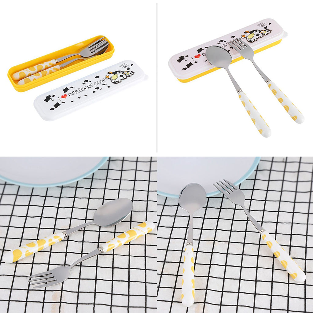 2 PCS Stainless Steel Knife Fork Spoon Kitchen Flatware Tableware with Box Children Set Yellow