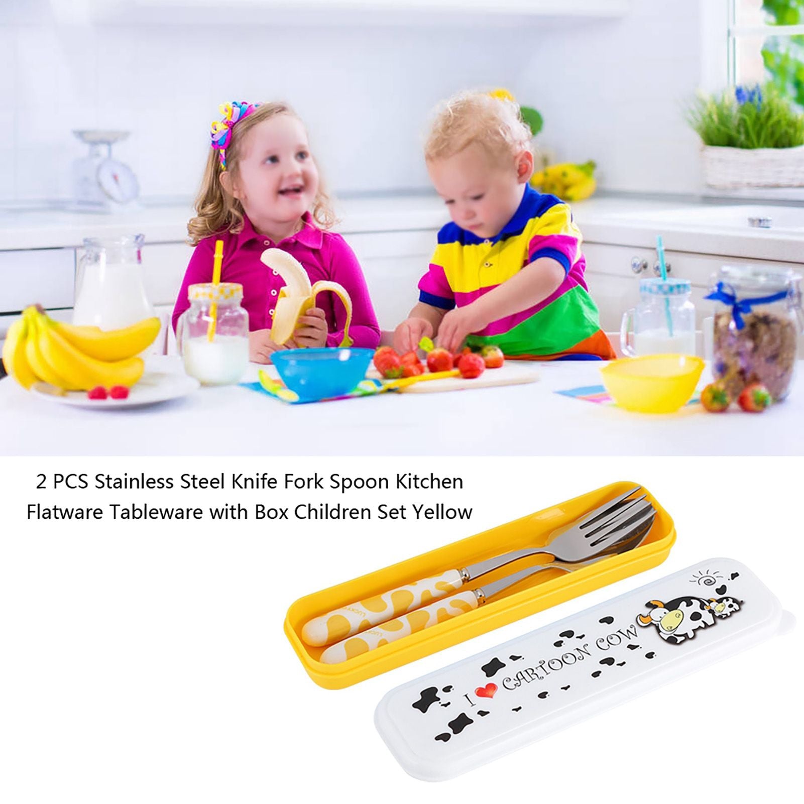 2 PCS Stainless Steel Knife Fork Spoon Kitchen Flatware Tableware with Box Children Set Yellow
