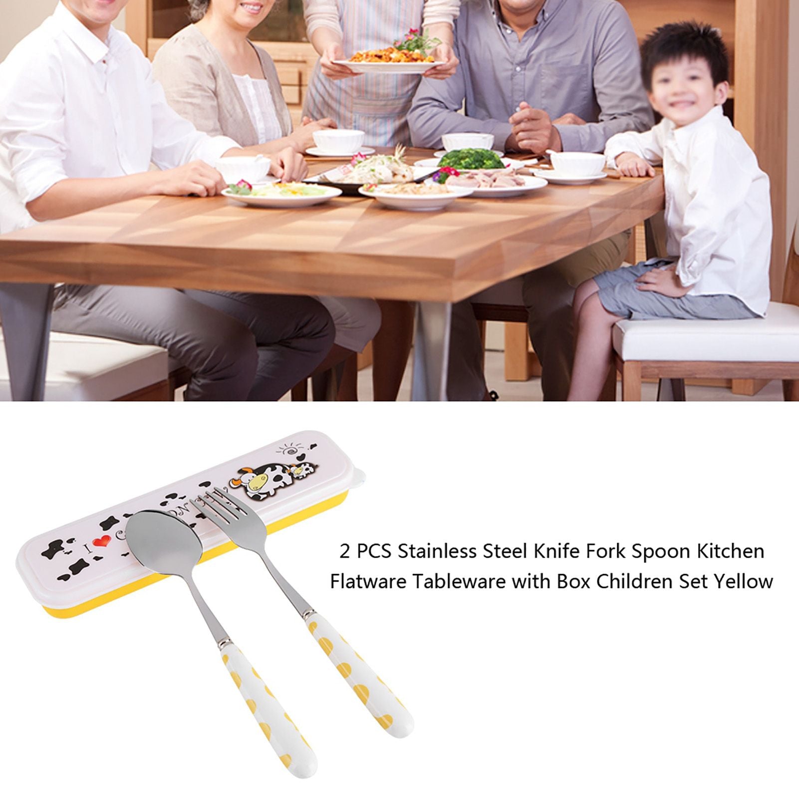 2 PCS Stainless Steel Knife Fork Spoon Kitchen Flatware Tableware with Box Children Set Yellow