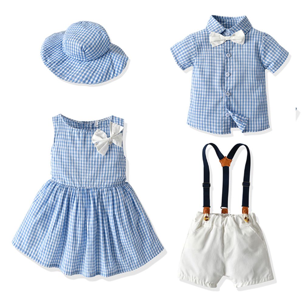 Tem Doger Boy Plaid Shirt Shorts Set Light Blue 120cm