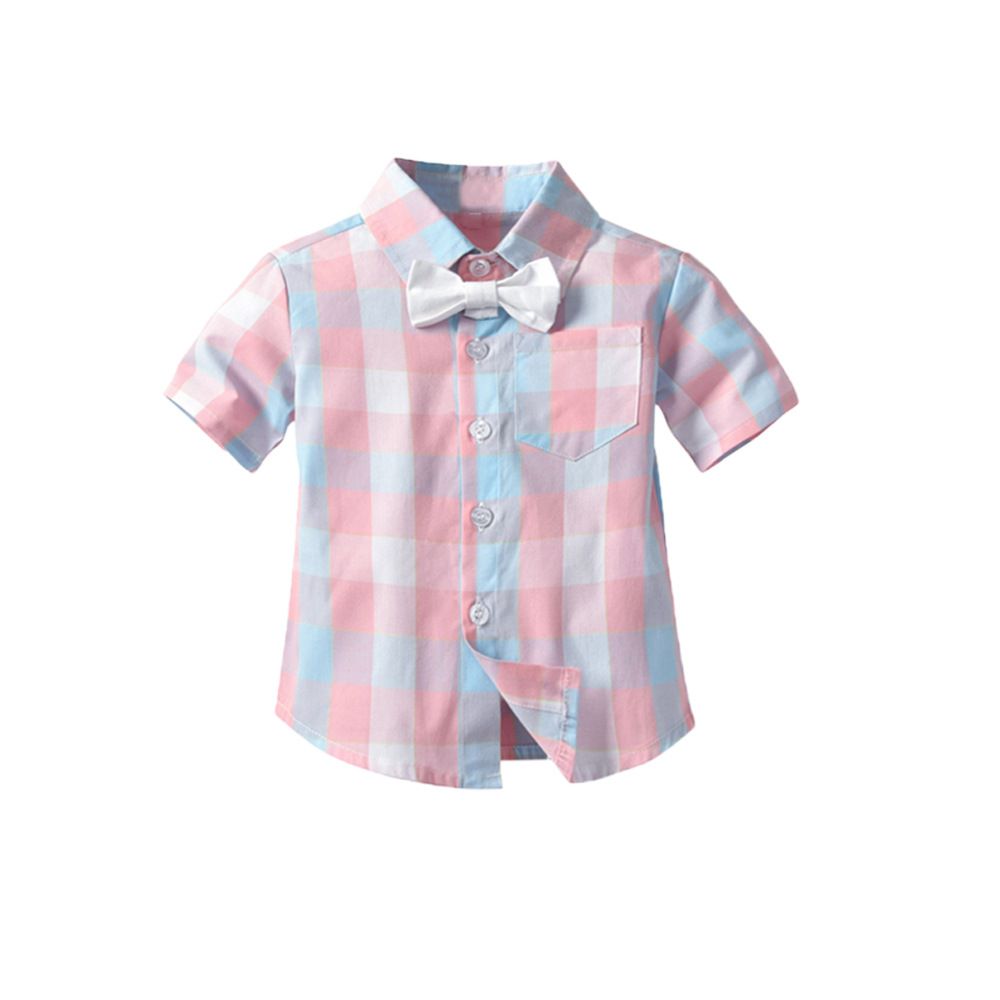Bugava Boys Plaid Shirt Suspenders Set Summer Cotton Pink plaid shirt + suspenders 90cm