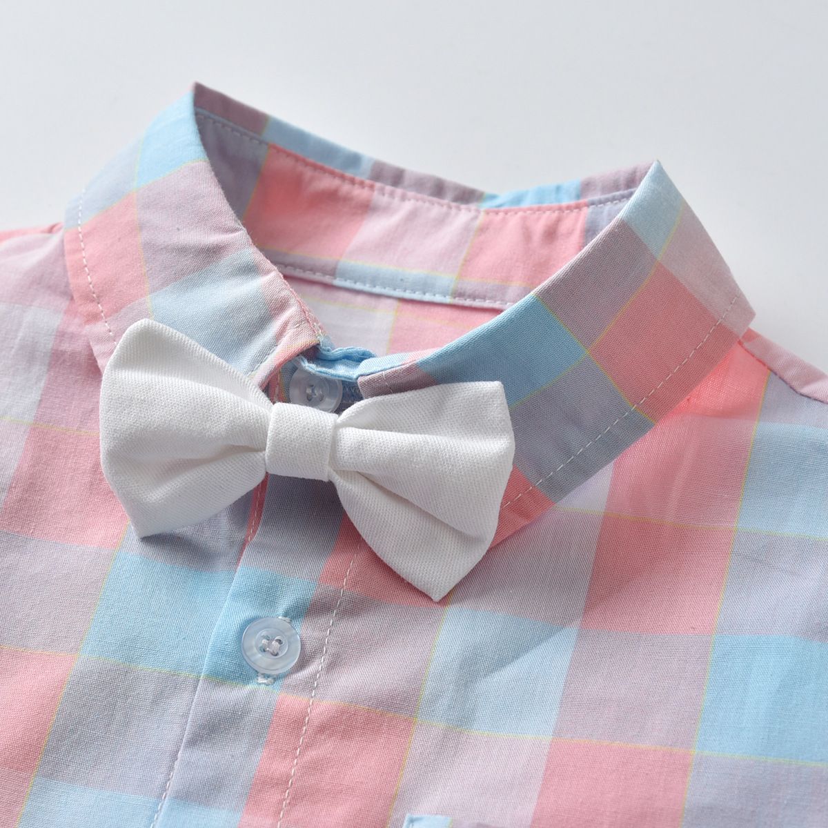 Bugava Boys Plaid Shirt Suspenders Set Summer Cotton Pink plaid shirt + suspenders 90cm