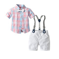 Bugava Boys Plaid Shirt Suspenders Set Summer Cotton Pink plaid shirt + suspenders 110cm