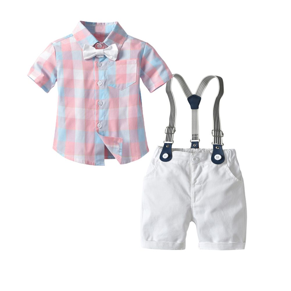 Bugava Boys Plaid Shirt Suspenders Set Summer Cotton Pink plaid shirt + suspenders 130cm