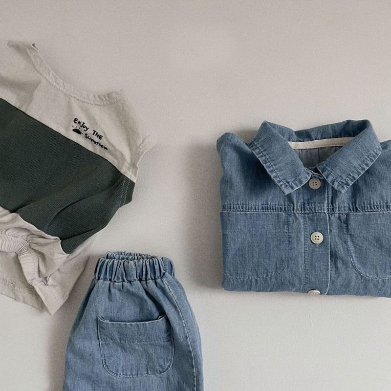 A-lebabay Infant Denim Shirt Shorts Set Summer Dark blue 100cm