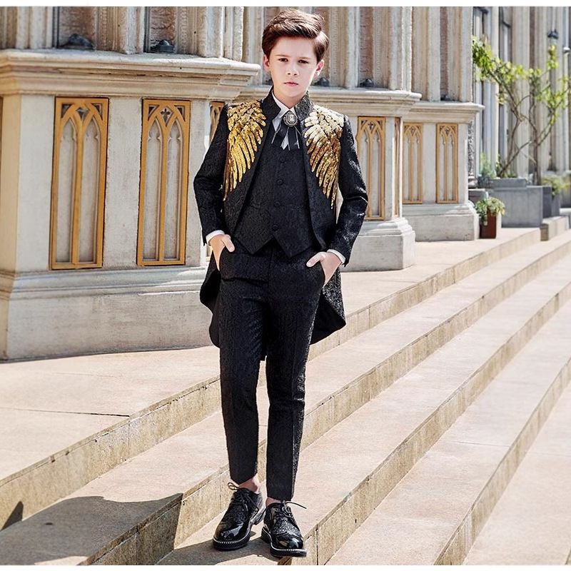 Boys Tuxedo Suit 3 Piece Set Piano Performance Black gold sequined Wings 3-Piece Set: jacket + pants + waistcoat 130cm