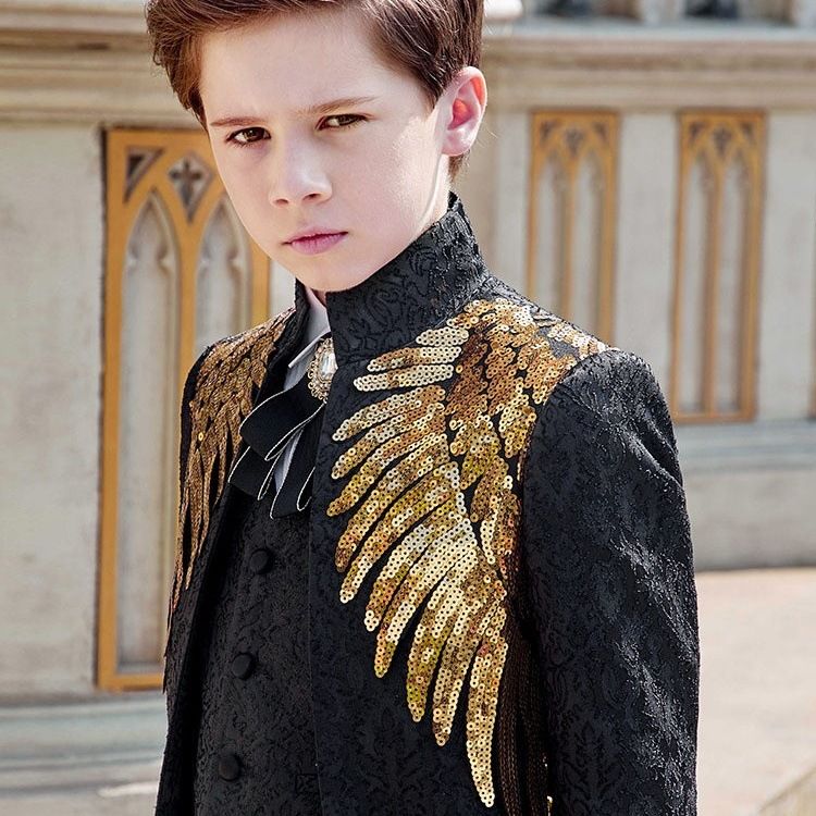 Boys Tuxedo Suit 3 Piece Set Piano Performance Black gold sequined Wings 3-Piece Set: jacket + pants + waistcoat 140cm