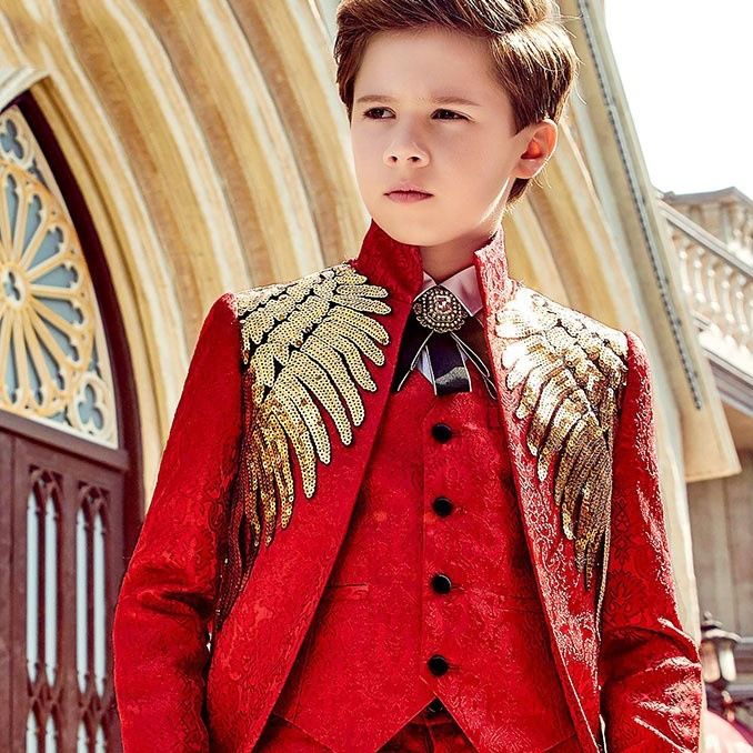Boys Tuxedo Suit 3 Piece Set Piano Performance Black gold sequined Wings 3-Piece Set: jacket + pants + waistcoat 140cm