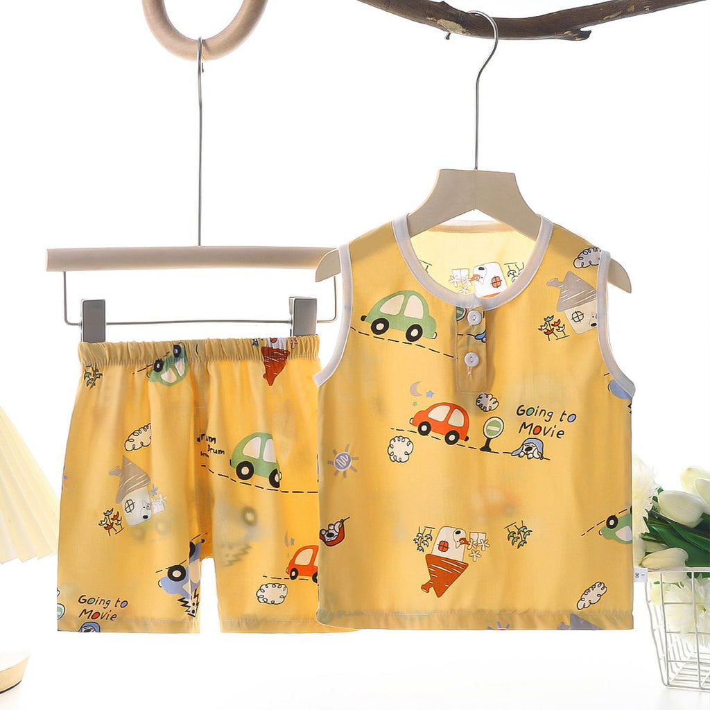 Tong Xinyuan Kids Cotton Silk Vest Set Shorts (Yellow) Car Cotton Silk Vest Set 130cm