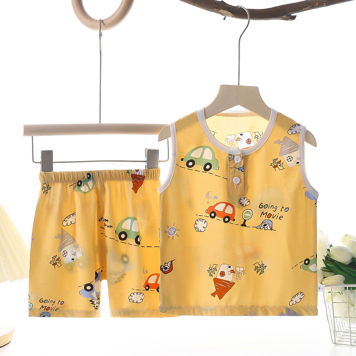 Tong Xinyuan Kids Cotton Silk Vest Set Shorts (Yellow) Car Cotton Silk Vest Set 130cm