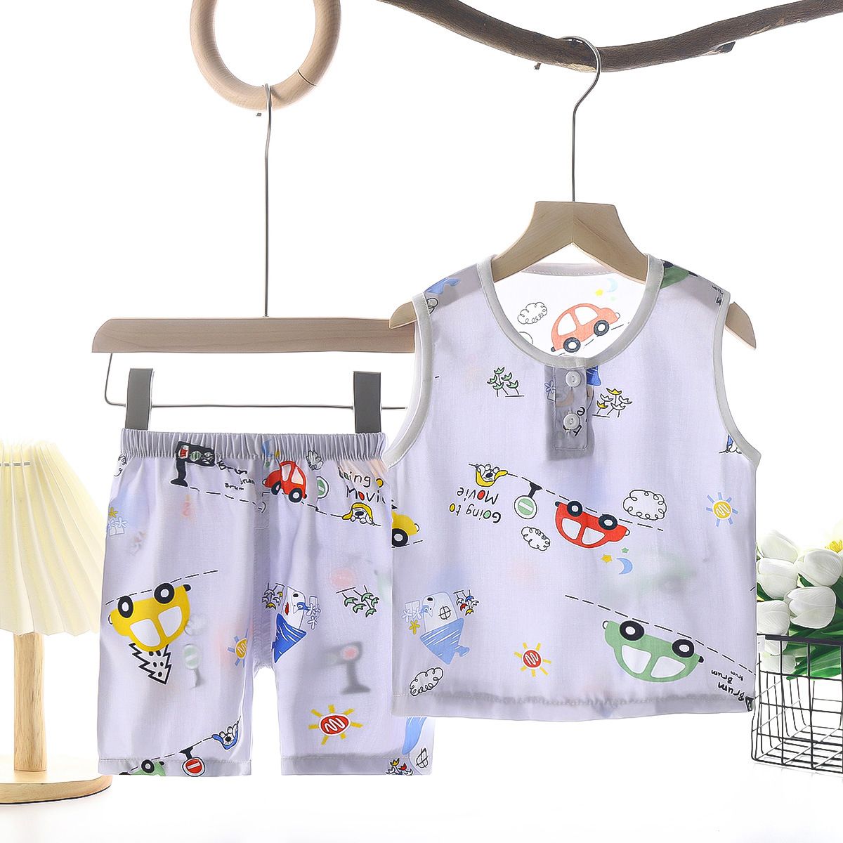Tong Xinyuan Kids Cotton Silk Vest Set Shorts (Gray) car cotton silk vest set 80cm