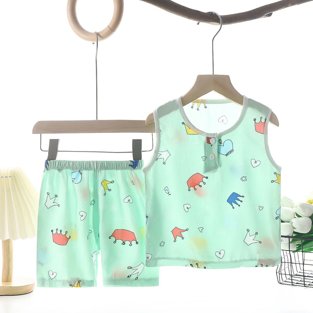 Tong Xinyuan Kids Cotton Silk Vest Set Shorts (Light Blue) Crown Cotton Vest Set 110cm