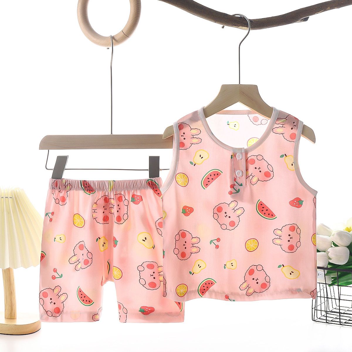 Tong Xinyuan Kids Cotton Silk Vest Set Shorts (Pink) Watermelon Cotton Vest Set 120cm