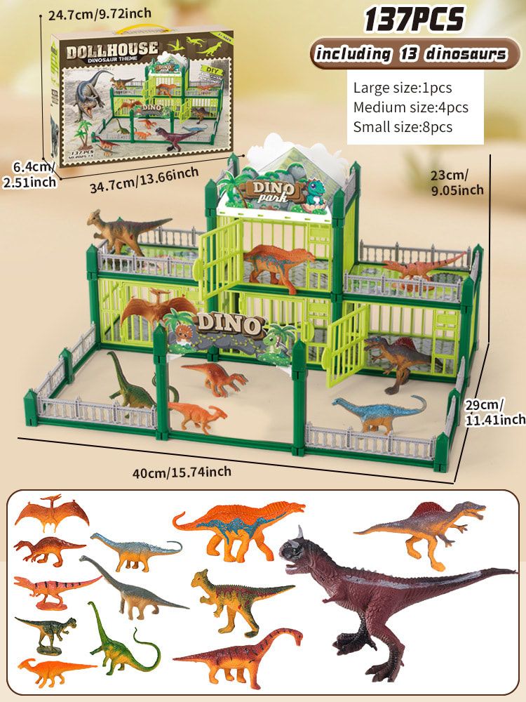 DIY Jurassic Theme Park Building Set for Kids, Creative Dinosaur Arena Toy with Realistic Dinosaurs and Palm Trees, Educational Playset for Ages 3+ to Build and Explore (137PCS, Brown)