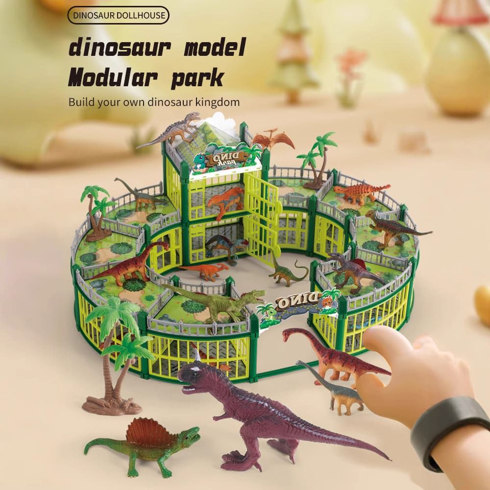 DIY Jurassic Theme Park Building Set for Kids, Creative Dinosaur Arena Toy with Realistic Dinosaurs and Palm Trees, Educational Playset for Ages 3+ to Build and Explore (137PCS, Green)