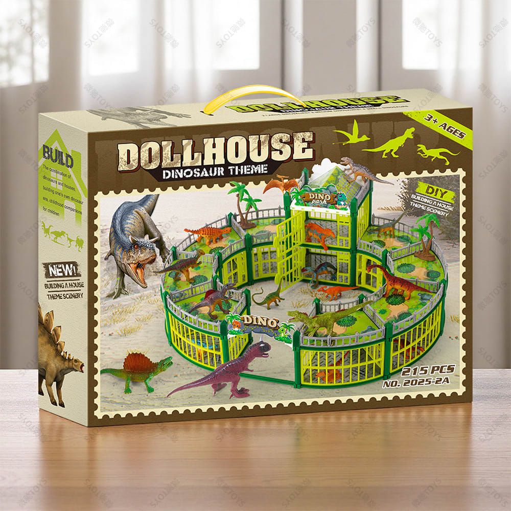 DIY Jurassic Theme Park Building Set for Kids, Creative Dinosaur Arena Toy with Realistic Dinosaurs and Palm Trees, Educational Playset for Ages 3+ to Build and Explore (215PCS, Brown)
