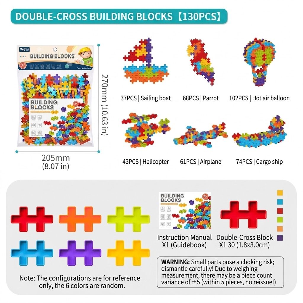 6-Color Mix Double Cross Building Blocks Set for Kids - Creative STEM Early Learning Toys for Ages 3-6, Ideal for Preschool, Home Play, and Educational Gifts (K360PCS)