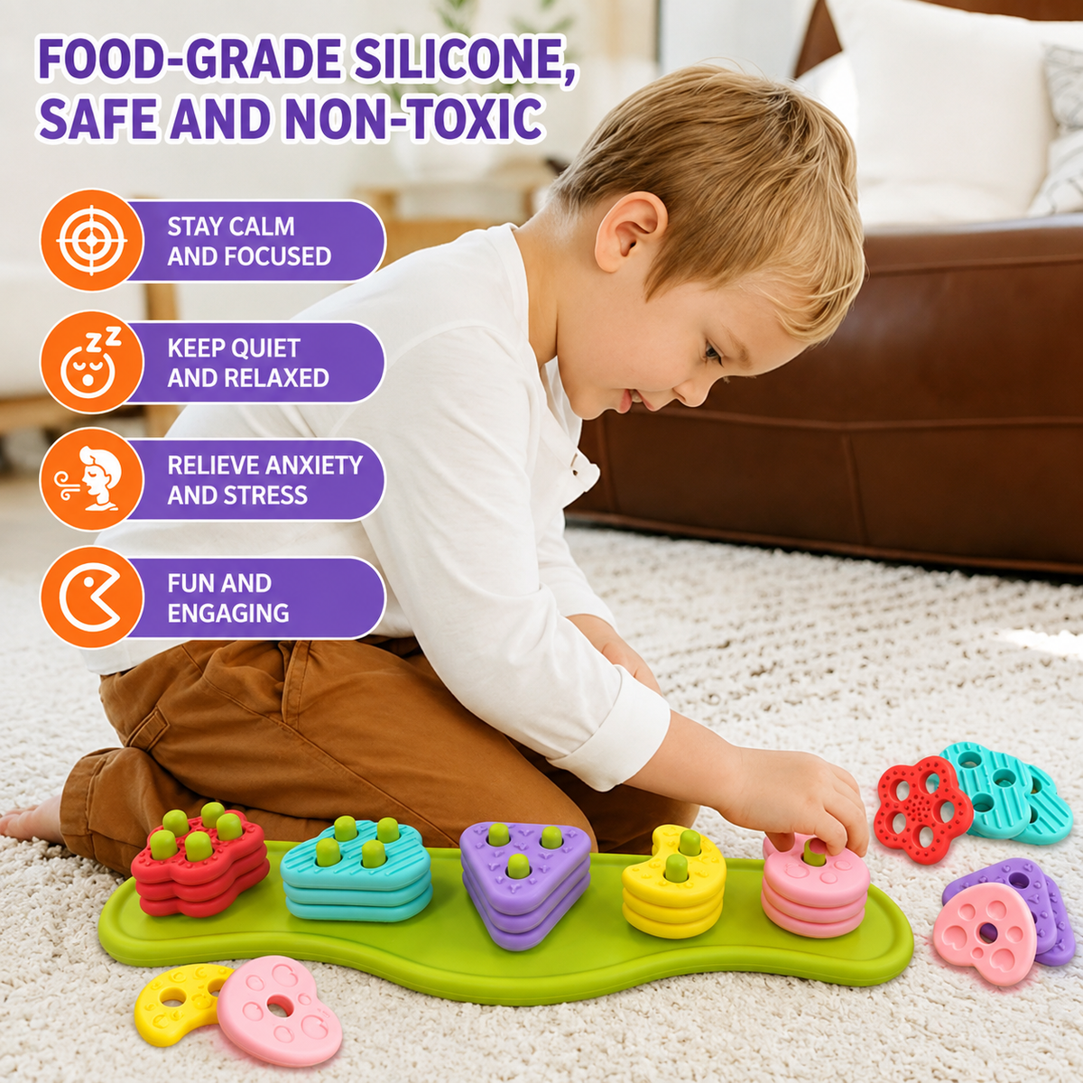 Explore Colors, Shapes, and Numbers with This Stacking & Sorting Puzzle Toy – Food-Grade Silicone, Sensory Press-and-Play Fun, Perfect for Toddler Early Learning and Quiet Play at Home (Green)