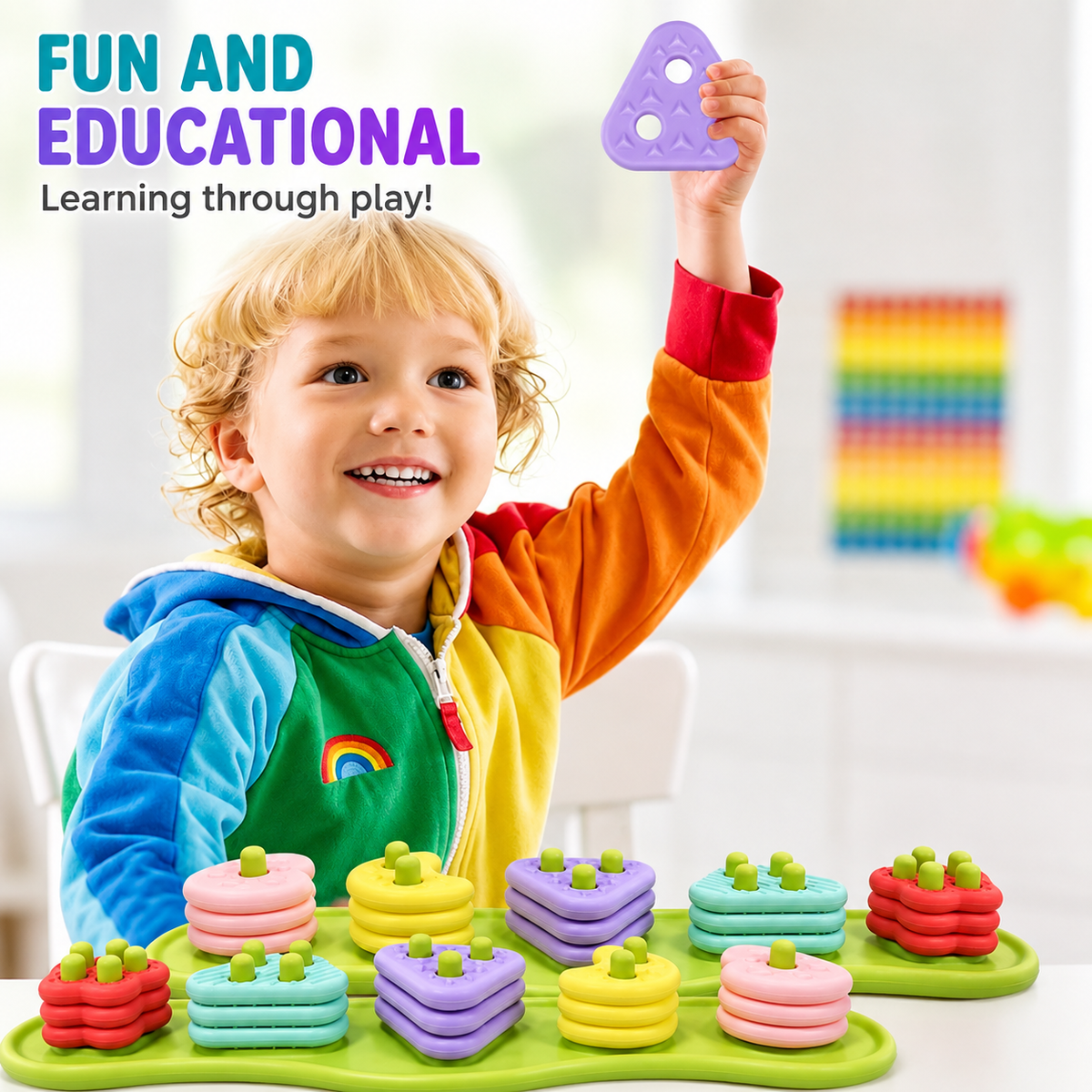 Explore Colors, Shapes, and Numbers with This Stacking & Sorting Puzzle Toy – Food-Grade Silicone, Sensory Press-and-Play Fun, Perfect for Toddler Early Learning and Quiet Play at Home (Green)
