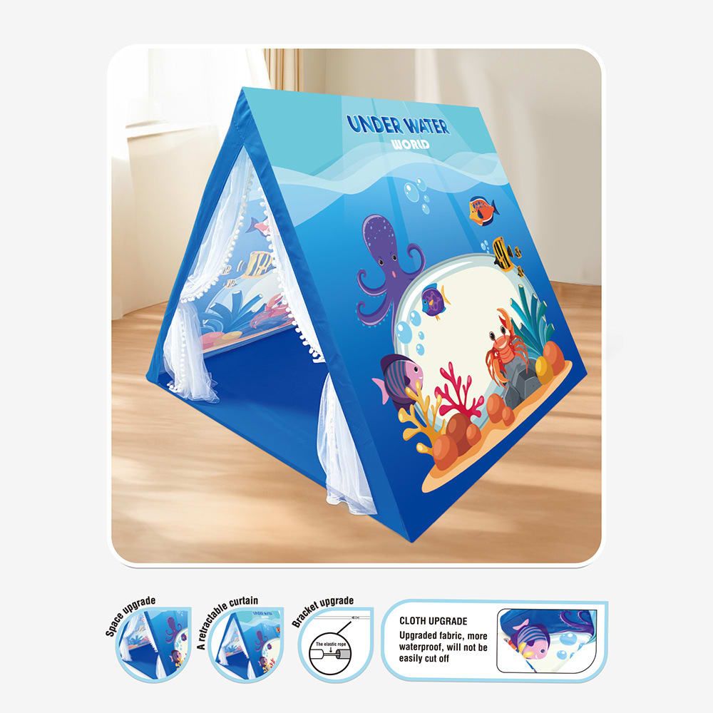 Kids Play Tent for Indoor Outdoor Fun, Waterproof Triangle Teepee with White Mesh Curtains, Spacious 3-in-1 Design for Ages 3+ – Perfect for Playtime, Family Bonding, and Holiday Gifts in Blue Ocean, Pink Mermaid, Light Blue Indian, or Purple Feather Them