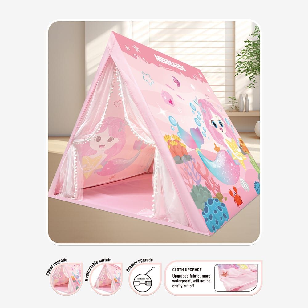 Kids Play Tent for Indoor Outdoor Fun, Waterproof Triangle Teepee with White Mesh Curtains, Spacious 3-in-1 Design for Ages 3+ – Perfect for Playtime, Family Bonding, and Holiday Gifts in Blue Ocean, Pink Mermaid, Light Blue Indian, or Purple Feather Them