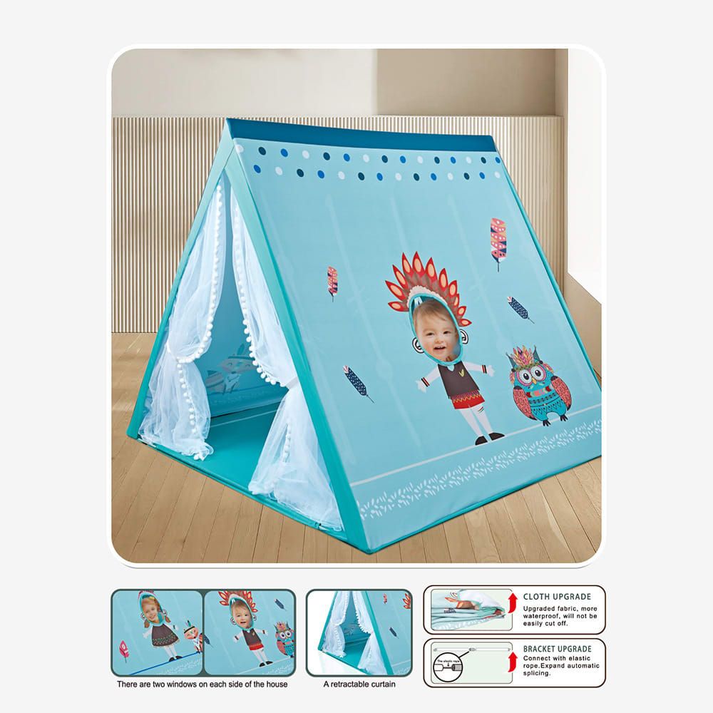 Kids Play Tent for Indoor Outdoor Fun, Waterproof Triangle Teepee with White Mesh Curtains, Spacious 3-in-1 Design for Ages 3+ – Perfect for Playtime, Family Bonding, and Holiday Gifts in Blue Ocean, Pink Mermaid, Light Blue Indian, or Purple Feather Them