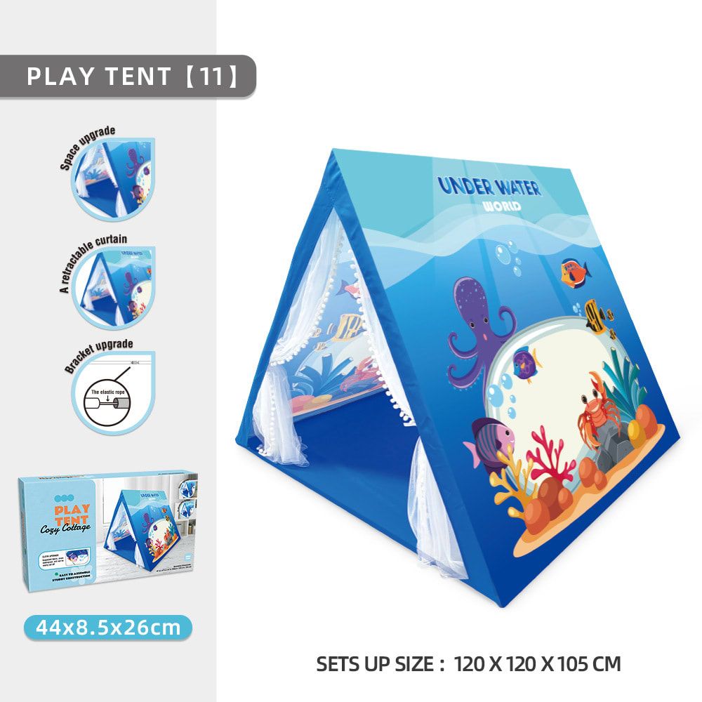 Kids Play Tent for Indoor Outdoor Fun, Waterproof Triangle Teepee with White Mesh Curtains, Spacious 3-in-1 Design for Ages 3+ – Perfect for Playtime, Family Bonding, and Holiday Gifts in Blue Ocean, Pink Mermaid, Light Blue Indian, or Purple Feather Them