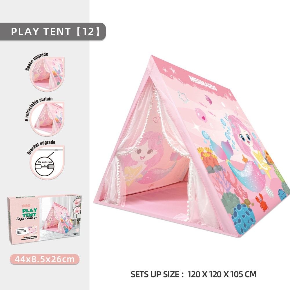 Kids Play Tent for Indoor Outdoor Fun, Waterproof Triangle Teepee with White Mesh Curtains, Spacious 3-in-1 Design for Ages 3+ – Perfect for Playtime, Family Bonding, and Holiday Gifts in Blue Ocean, Pink Mermaid, Light Blue Indian, or Purple Feather Them