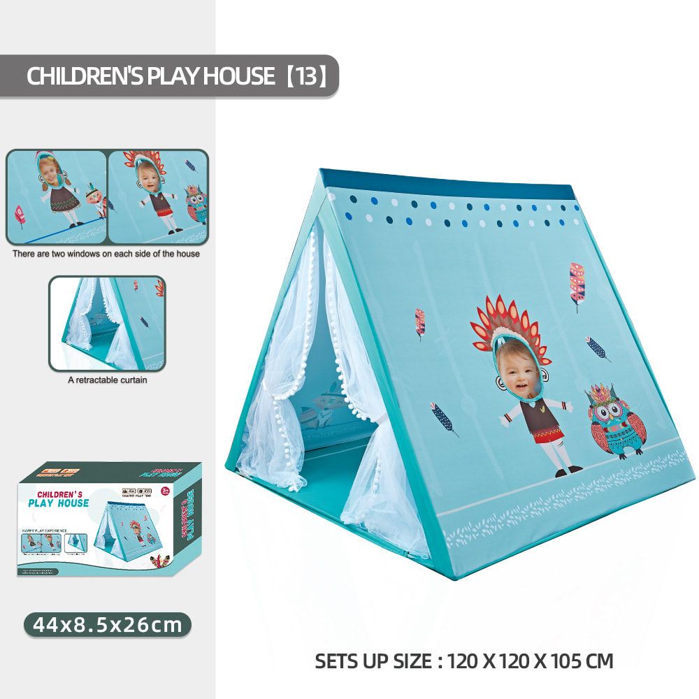 Kids Play Tent for Indoor Outdoor Fun, Waterproof Triangle Teepee with White Mesh Curtains, Spacious 3-in-1 Design for Ages 3+ – Perfect for Playtime, Family Bonding, and Holiday Gifts in Blue Ocean, Pink Mermaid, Light Blue Indian, or Purple Feather Them