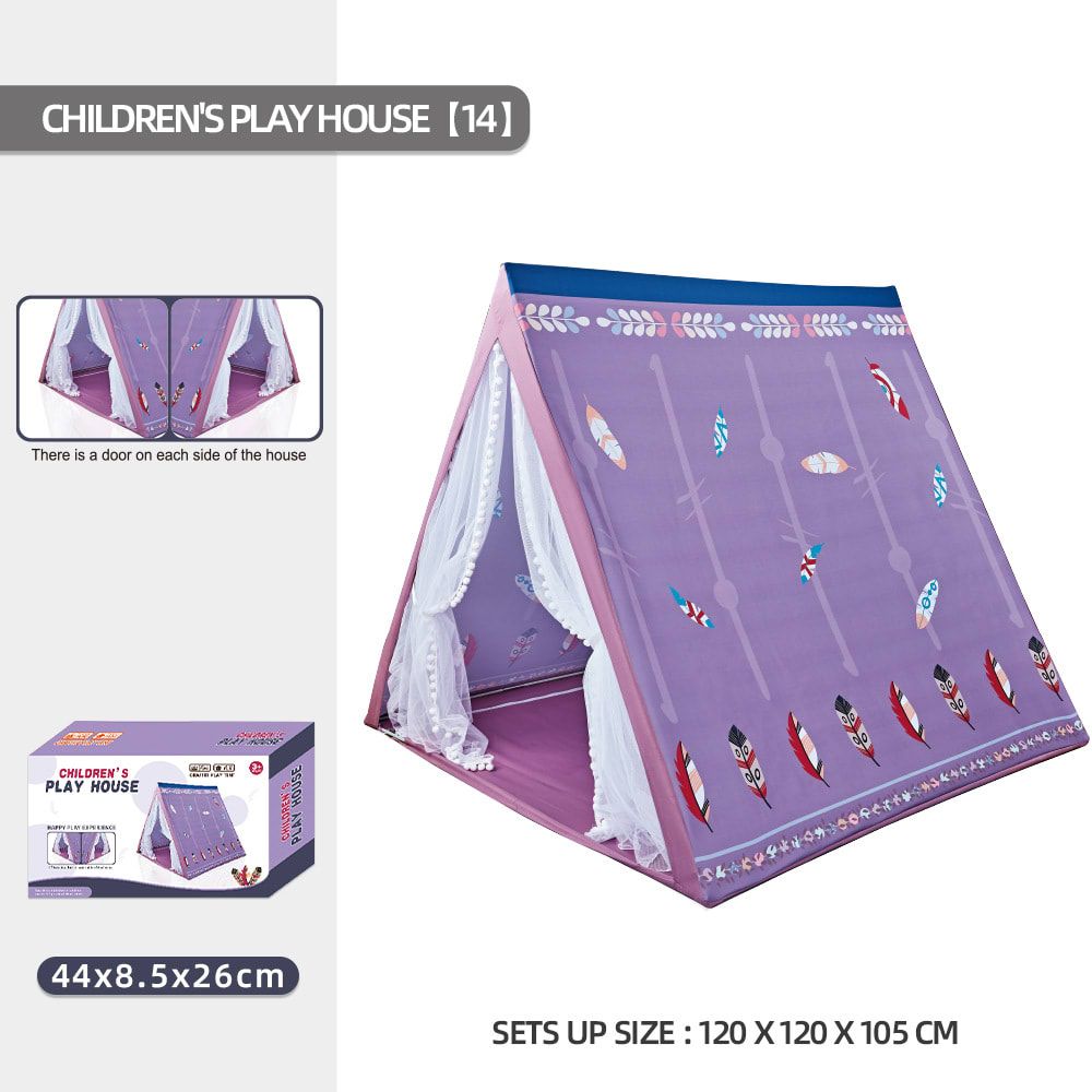 Kids Play Tent for Indoor Outdoor Fun, Waterproof Triangle Teepee with White Mesh Curtains, Spacious 3-in-1 Design for Ages 3+ – Perfect for Playtime, Family Bonding, and Holiday Gifts in Blue Ocean, Pink Mermaid, Light Blue Indian, or Purple Feather Them