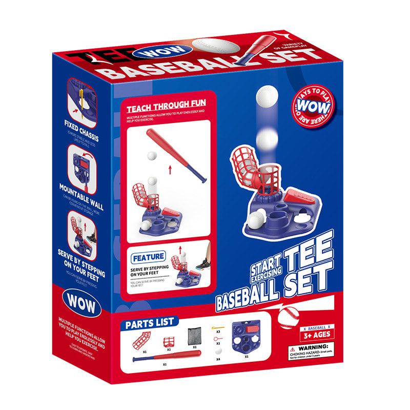 2-in-1 Kids Baseball Training Toy Set with Automatic Pitching and T-Ball Stand, Indoor and Outdoor Practice for Ages 3+ (PracticeSet, Red)