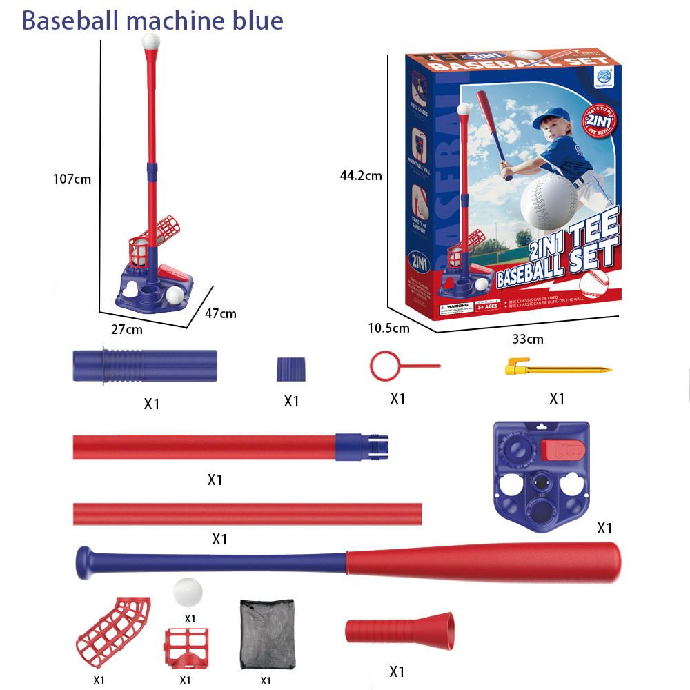 2-in-1 Kids Baseball Training Toy Set with Automatic Pitching and T-Ball Stand, Indoor and Outdoor Practice for Ages 3+ (PracticeSet, Red)