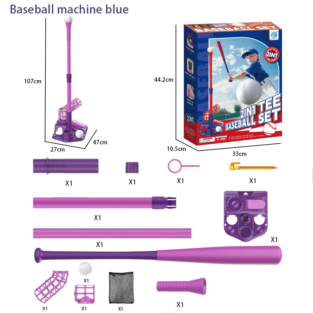 2-in-1 Kids Baseball Training Toy Set with Automatic Pitching and T-Ball Stand, Indoor and Outdoor Practice for Ages 3+ (PracticeSet, Red)