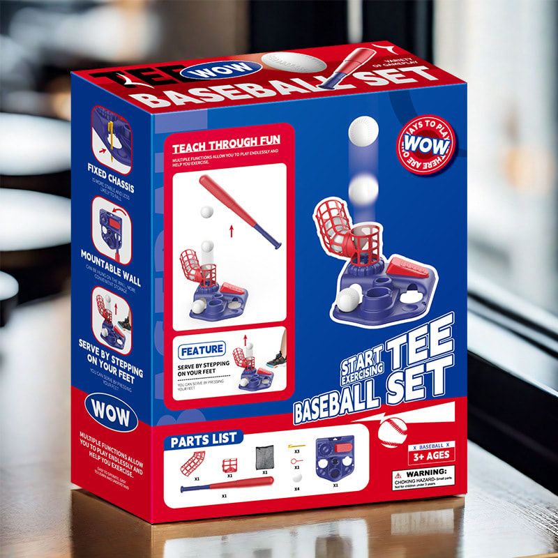 2-in-1 Kids Baseball Training Toy Set with Automatic Pitching and T-Ball Stand, Indoor and Outdoor Practice for Ages 3+ (PracticeSet, Red)