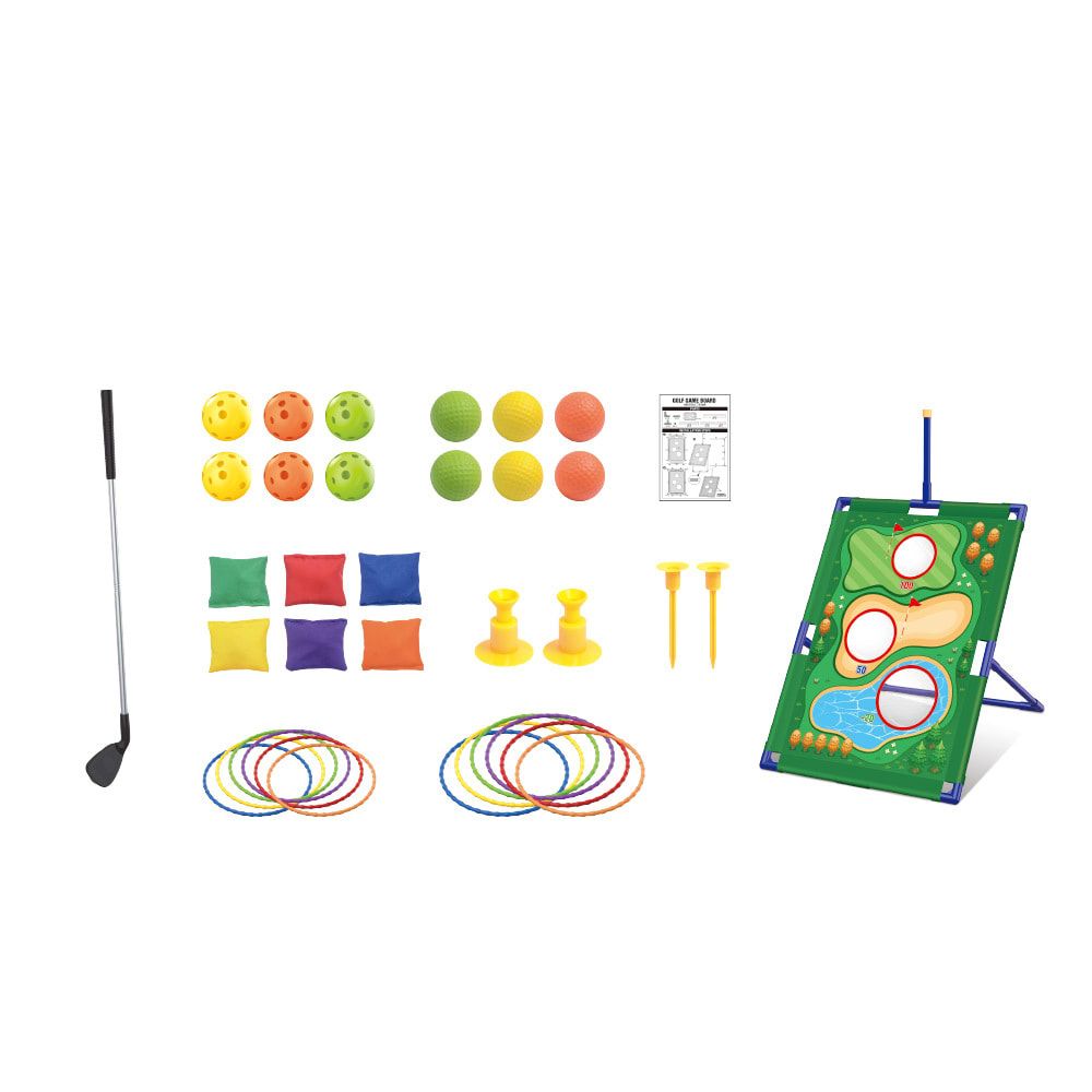 3-in-1 Kids Golf Putting & Tossing Game Set for Indoor/Outdoor Family Fun – Includes Stainless Steel Putter, Cloth Mat, Soft Balls, Beanbags, and Rings for Interactive Play (A)