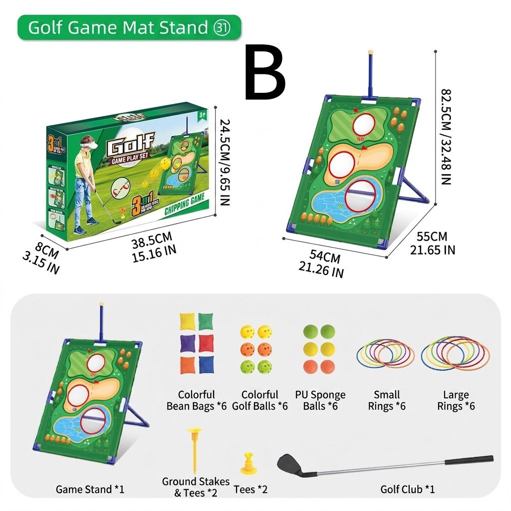 3-in-1 Kids Golf Putting & Tossing Game Set for Indoor/Outdoor Family Fun – Includes Stainless Steel Putter, Cloth Mat, Soft Balls, Beanbags, and Rings for Interactive Play (A)